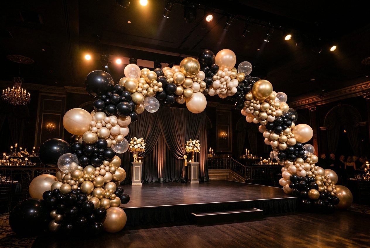 Large organic balloon arch in black and gold spanning a Phoenix gala stage