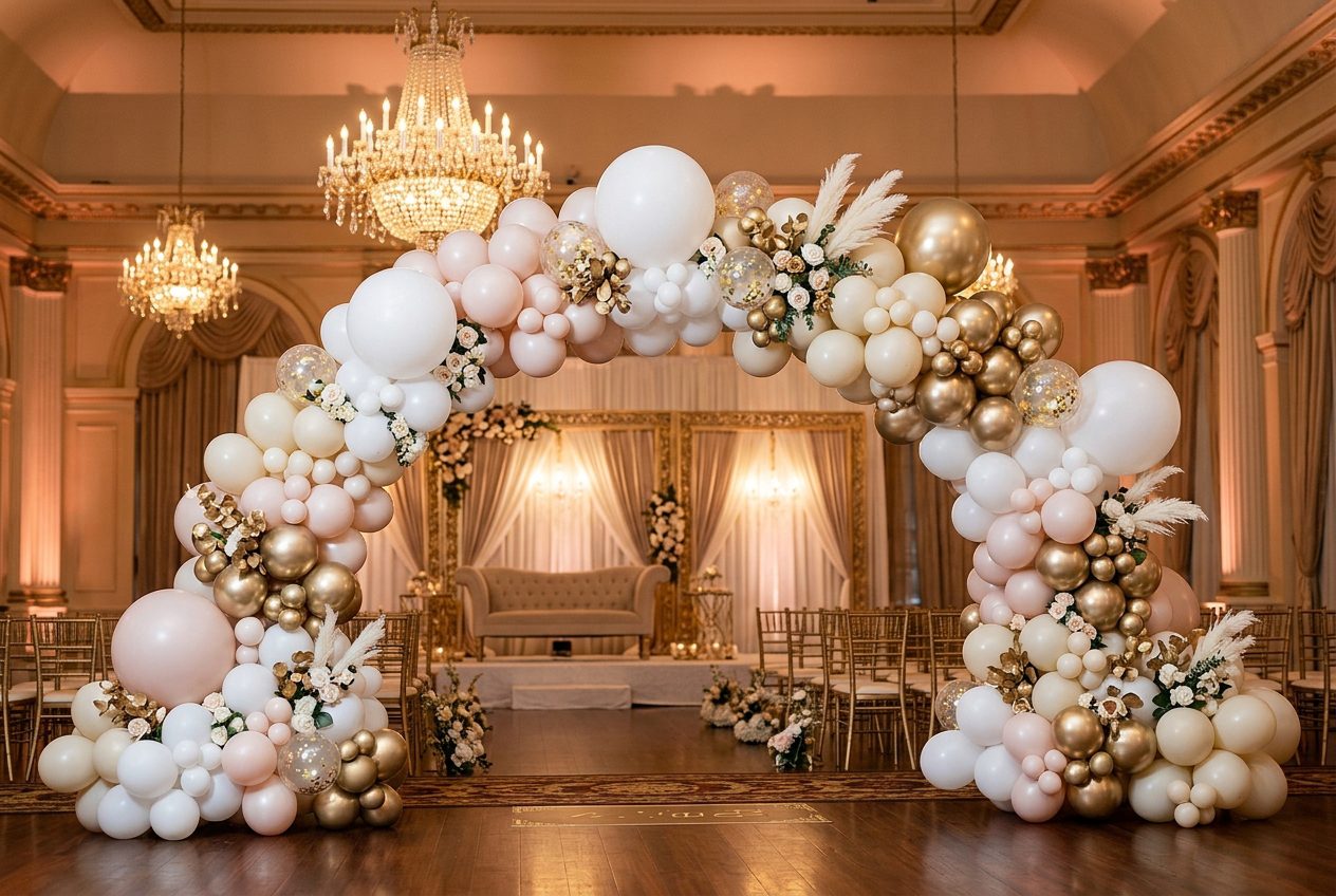 Large organic balloon arch in white, blush and gold sweeping across a Phoenix ballroom wedding stage