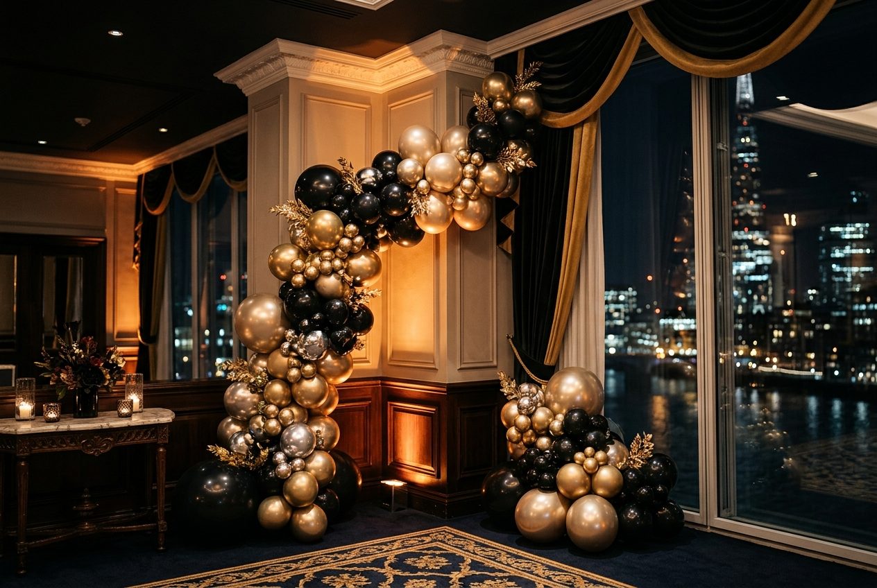 Narrow organic balloon arch in black, gold and champagne in a Phoenix hotel ballroom
