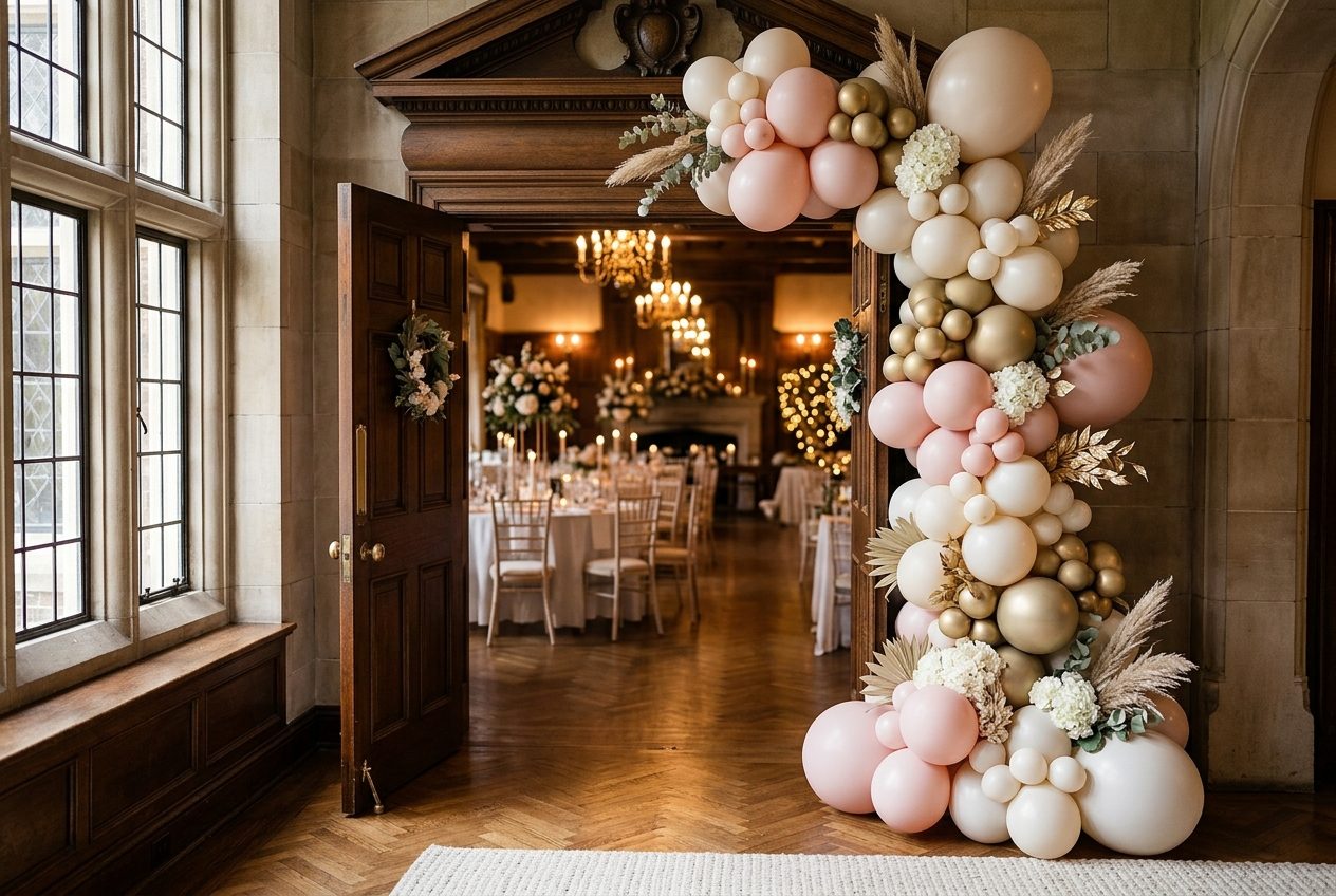 Narrow organic balloon arch in blush and gold at a Phoenix wedding entrance