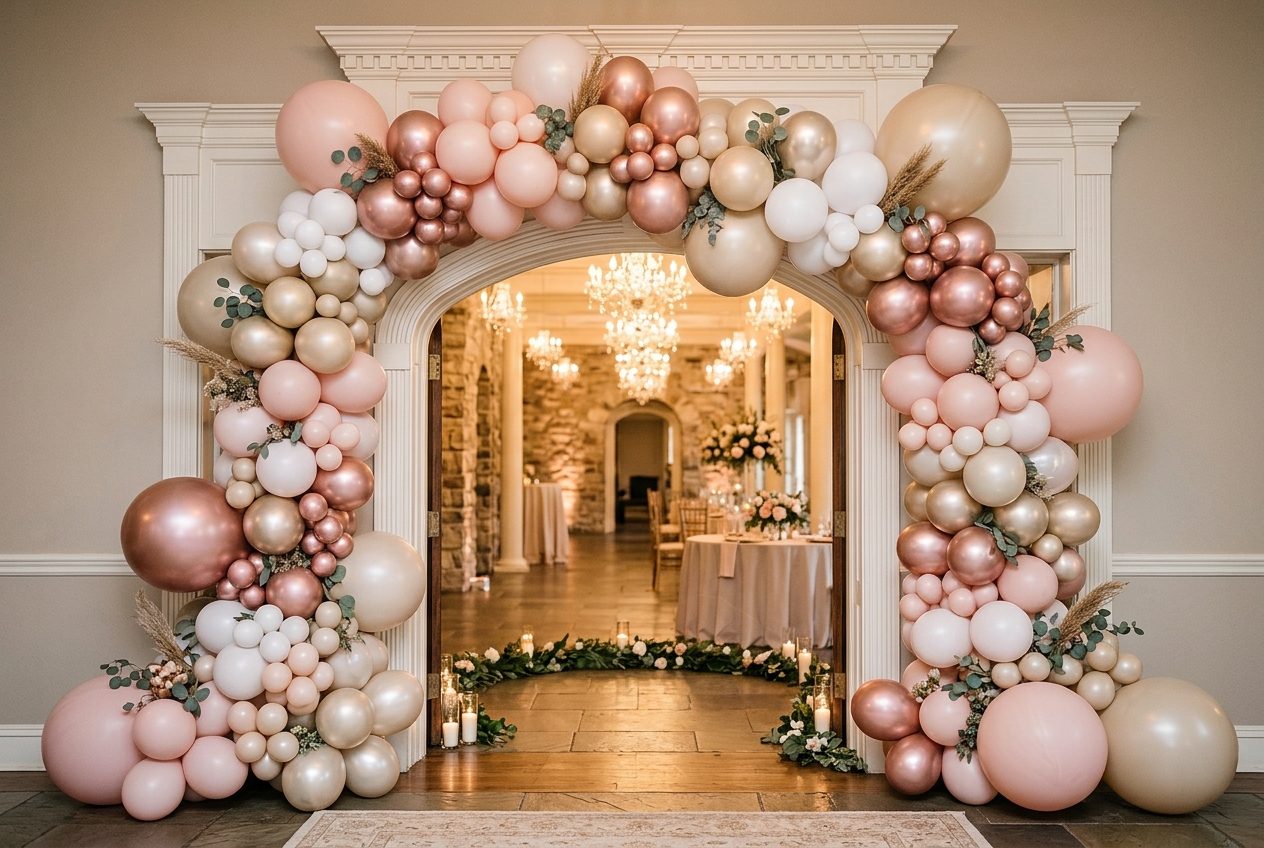 Standard organic balloon arch in blush and rose gold framing a Phoenix reception doorway